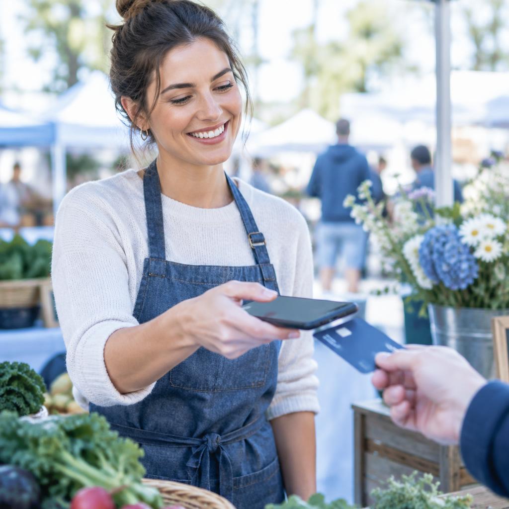 A business owner taking a tap-to-pay payment on her phone